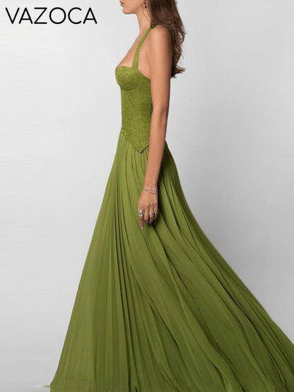 Lace-Combo Halter Pleated Dress