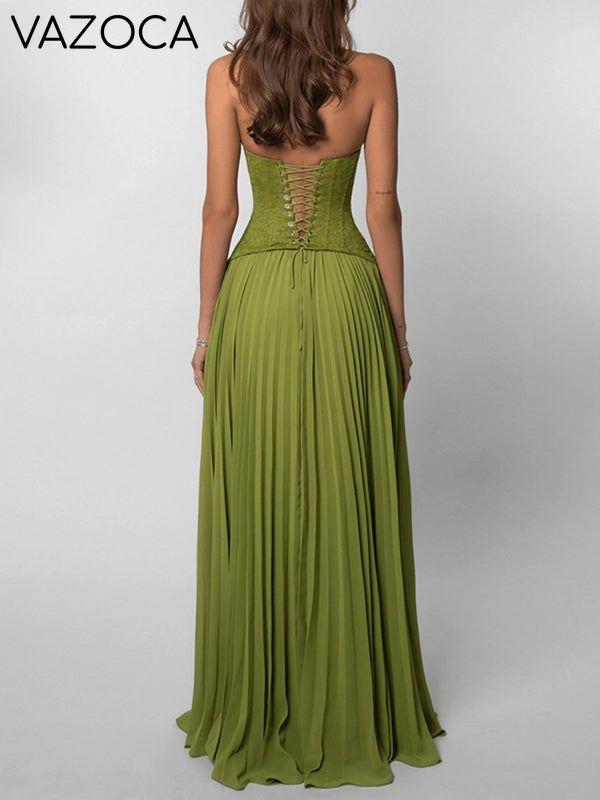 Lace-Combo Halter Pleated Dress