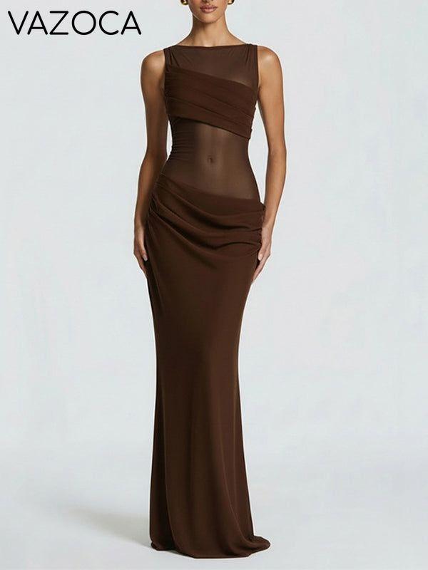 Sheer-Combo Sleeveless Maxi Dress