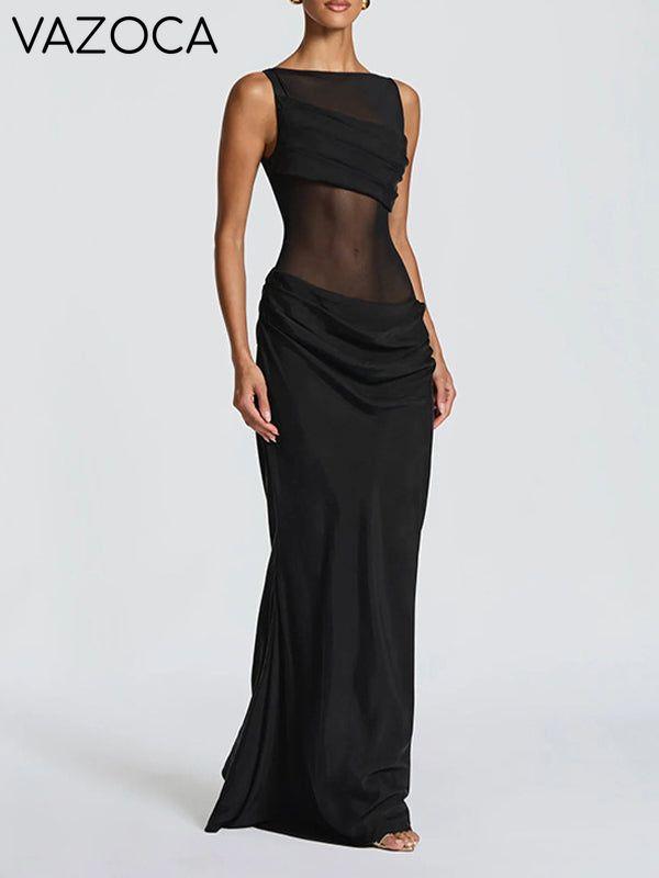 Sheer-Combo Sleeveless Maxi Dress