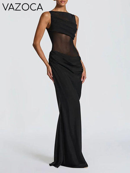 Sheer-Combo Sleeveless Maxi Dress