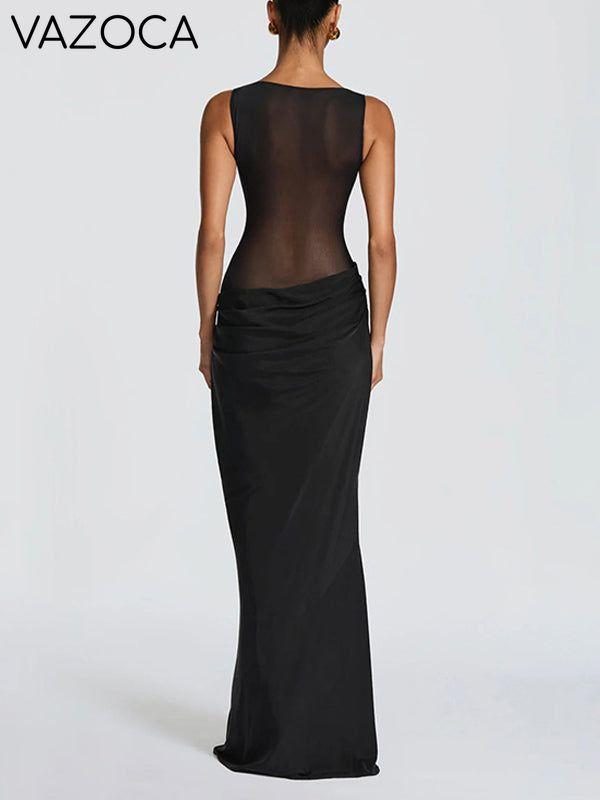Sheer-Combo Sleeveless Maxi Dress