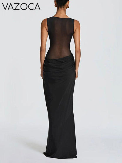 Sheer-Combo Sleeveless Maxi Dress