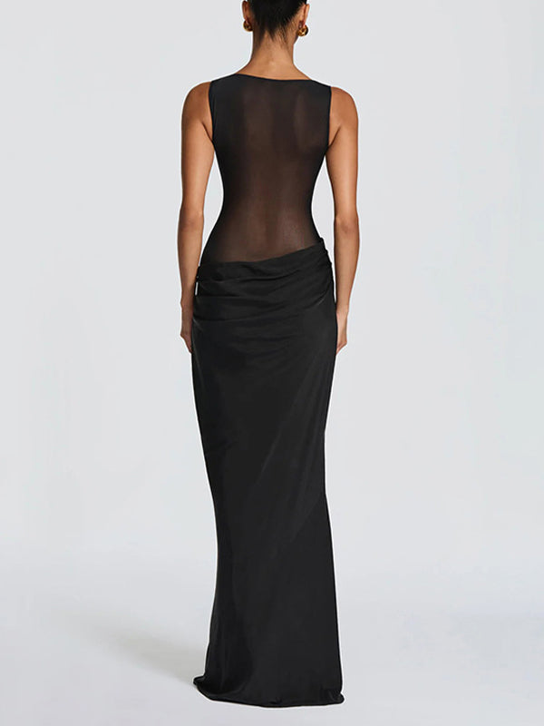 Sheer-Combo Sleeveless Maxi Dress