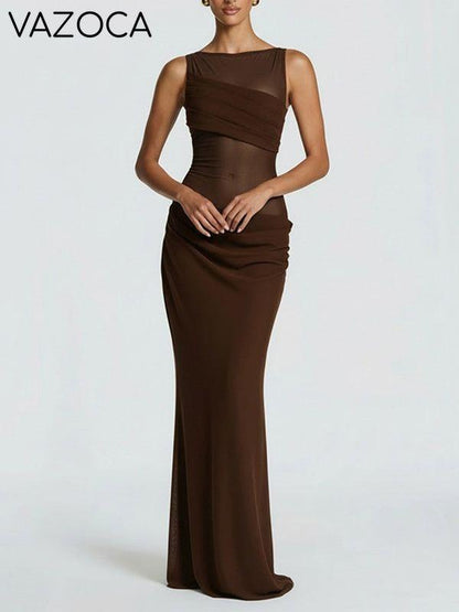Sheer-Combo Sleeveless Maxi Dress