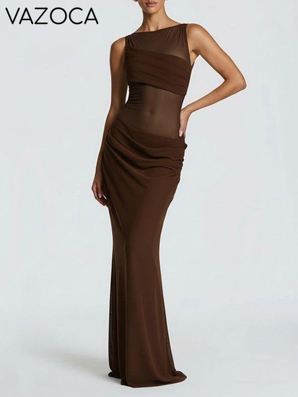Sheer-Combo Sleeveless Maxi Dress