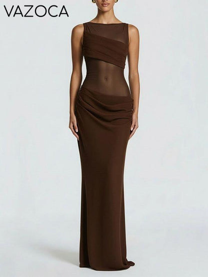 Sheer-Combo Sleeveless Maxi Dress