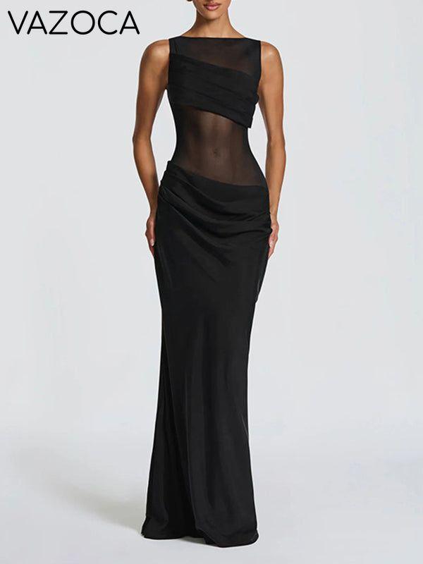 Sheer-Combo Sleeveless Maxi Dress