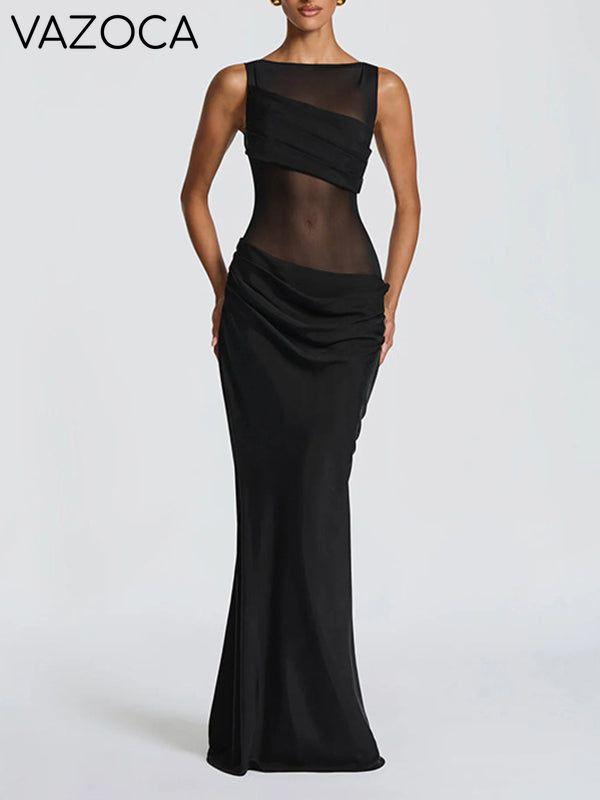 Sheer-Combo Sleeveless Maxi Dress