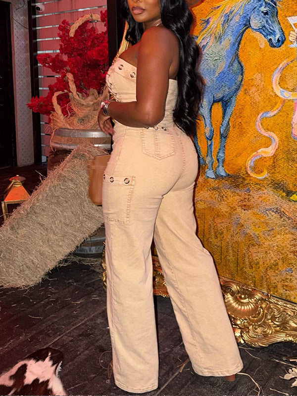 Lace-Up Strapless Denim Jumpsuit