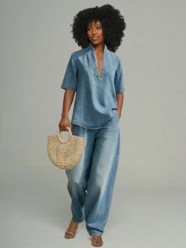 Denim V-Neck Top & Pants Set