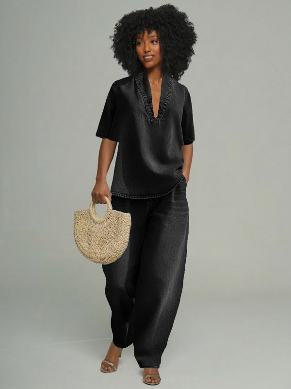 Denim V-Neck Top & Pants Set
