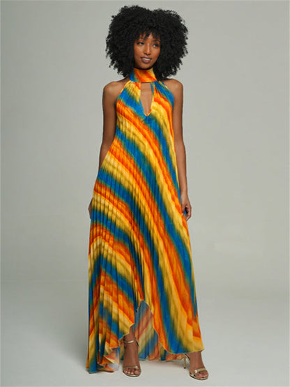 Printed Halter Pleated Dress Orange