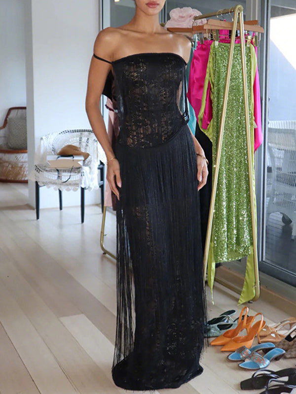 Off-Shoulder Fringe Dress