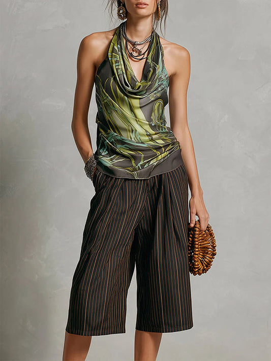 Printed Halter Top & Capri Pants Set