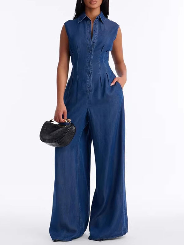 Button-Front Sleeveless Denim Jumpsuit Dark Wash Blue