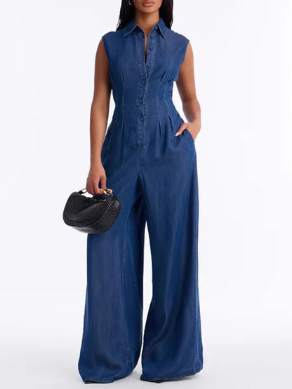 Button-Front Sleeveless Denim Jumpsuit Dark Wash Blue