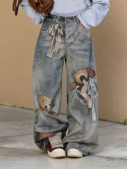 Bear-Print Wide-Leg Jeans Medium Wash Blue