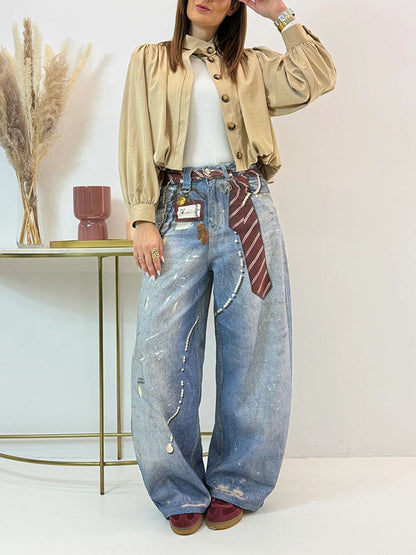 Tie-Print Wide-Leg Jeans