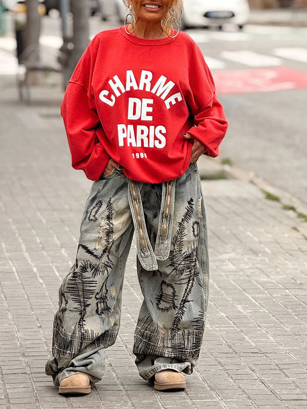 Printed Wide-Leg Jeans Gray