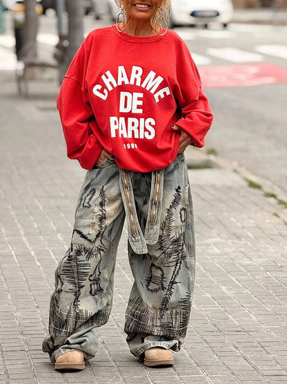 Printed Wide-Leg Jeans Gray