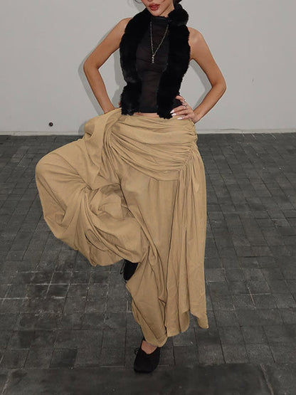 Ruched-Combo Wide-Leg Pants