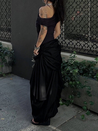 Ruched-Combo Wide-Leg Pants