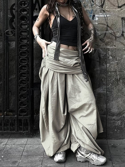 Ruched-Combo Wide-Leg Pants
