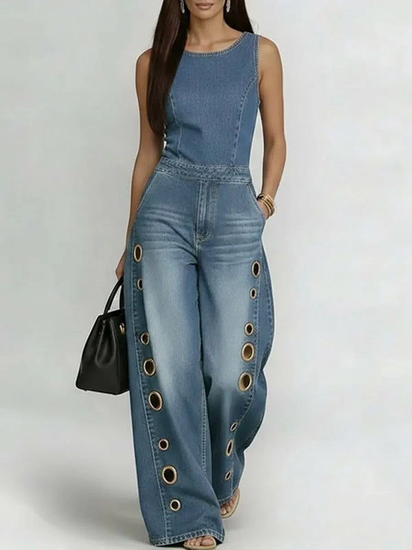 Sleeveless Denim Eyelet Wide-Leg Jumpsuit