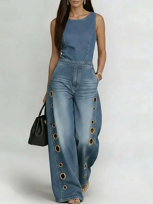 Sleeveless Denim Eyelet Wide-Leg Jumpsuit