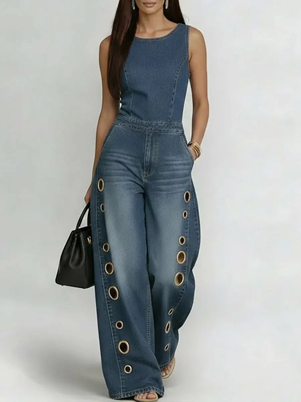 Sleeveless Denim Eyelet Wide-Leg Jumpsuit