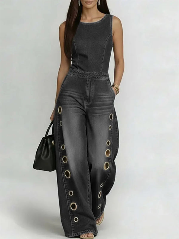 Sleeveless Denim Eyelet Wide-Leg Jumpsuit