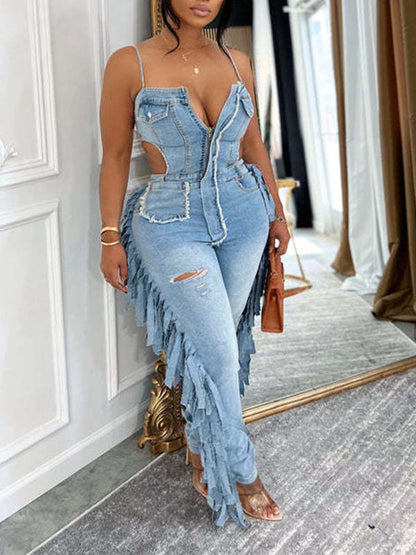 Fringe Cami Denim Jumpsuit