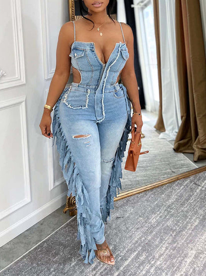 Fringe Cami Denim Jumpsuit