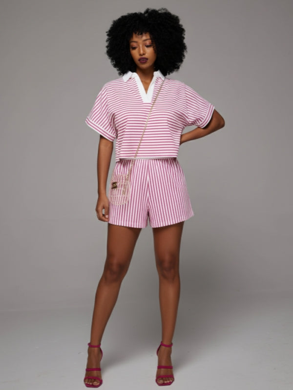 Stripe Polo Top & Shorts Set