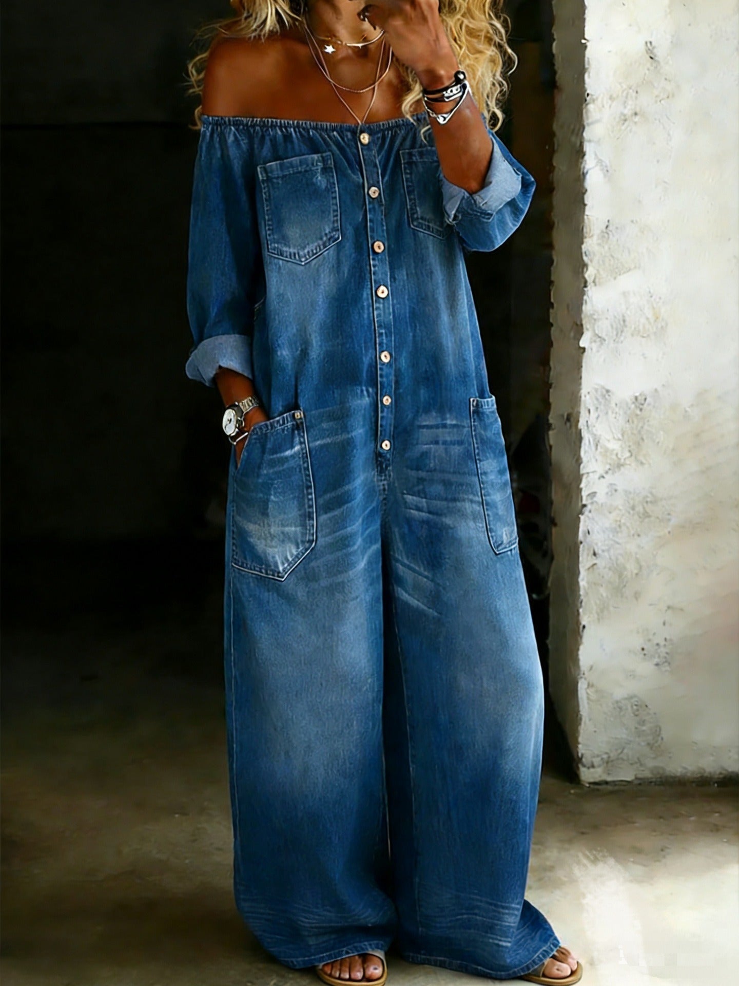Off-Shoulder Denim Jumpsuit Medium Wash Blue
