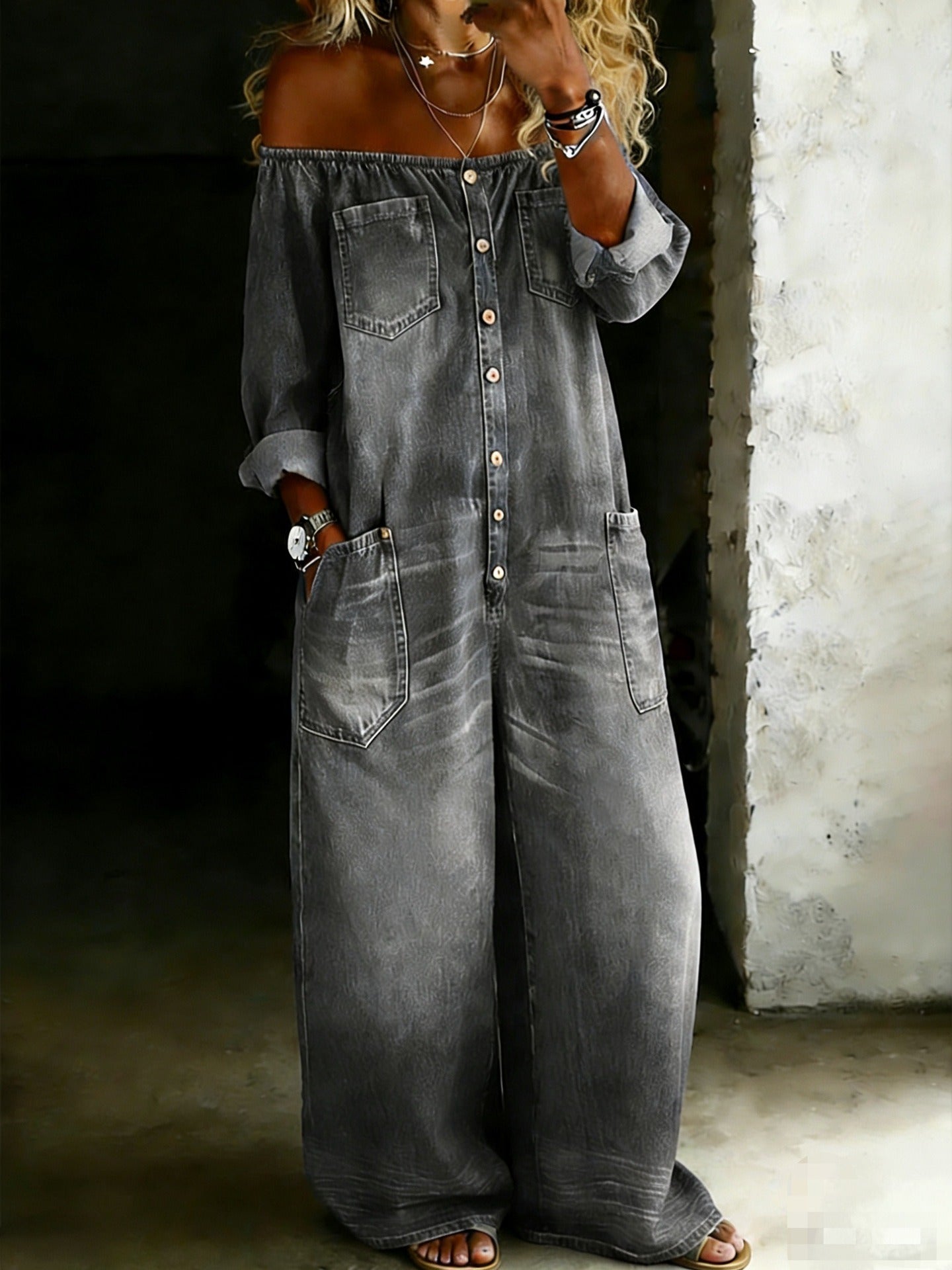 Off-Shoulder Denim Jumpsuit Gray