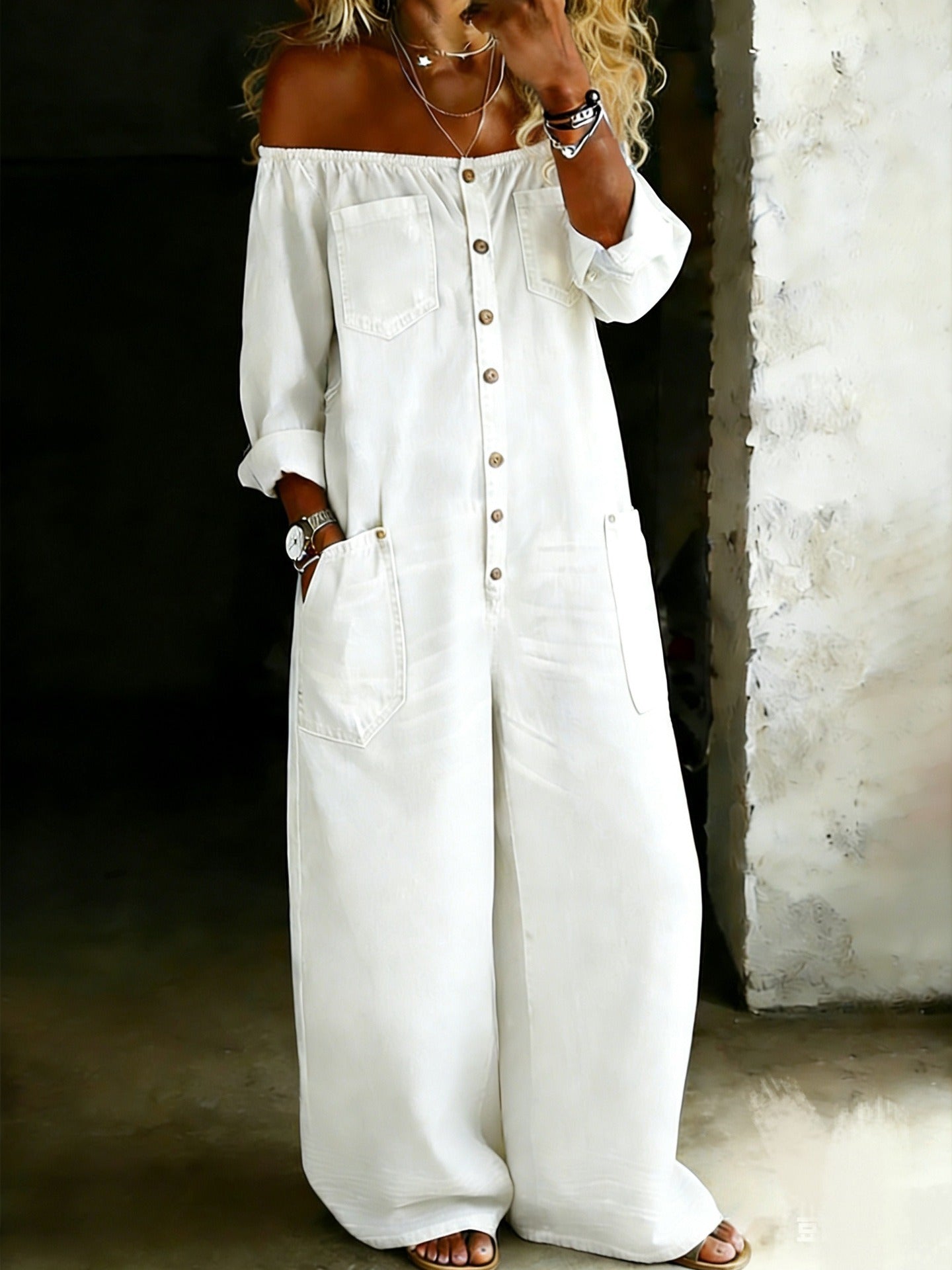 Off-Shoulder Denim Jumpsuit White