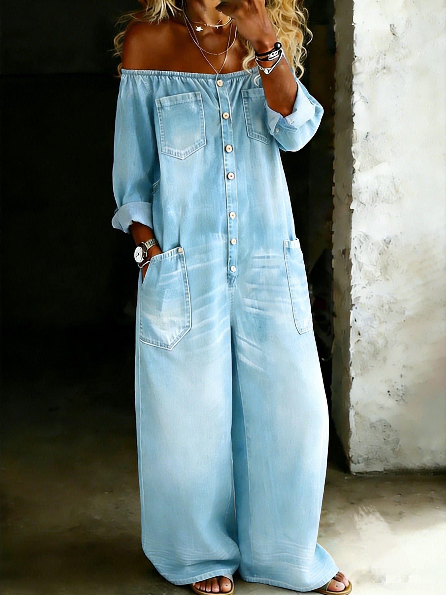 Off-Shoulder Denim Jumpsuit Light Wash Blue