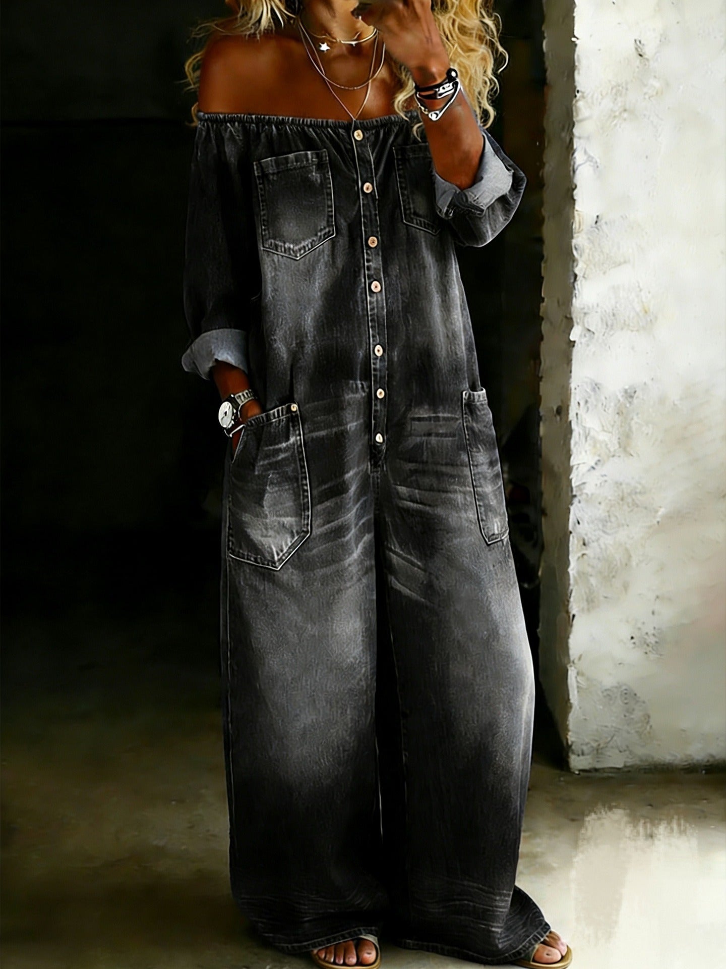 Off-Shoulder Denim Jumpsuit Black