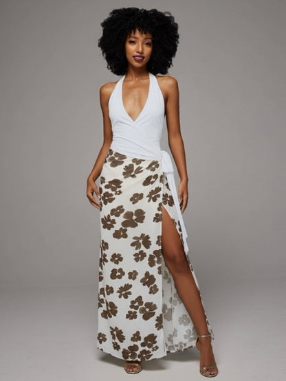 Printed Combo Halter Dress White