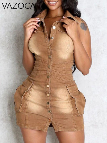 Button-Front Sleeveless Denim Dress