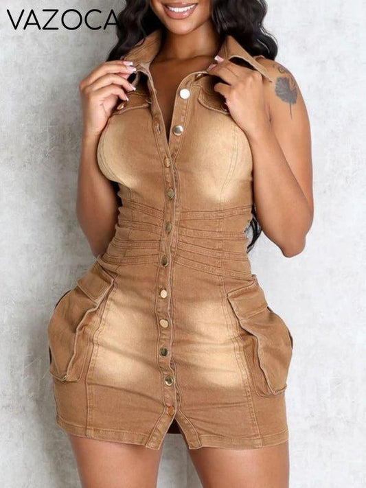 Button-Front Sleeveless Denim Dress