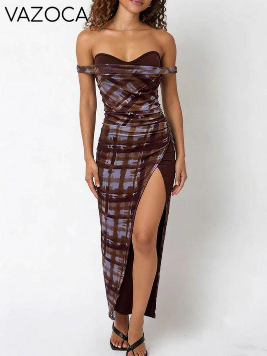 Plaid Off-Shoulder Slit Dress