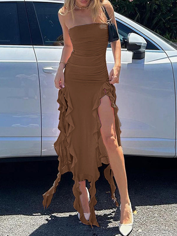 Draped Strapless Dress Brown