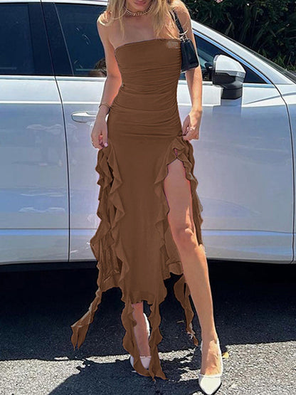 Draped Strapless Dress Brown