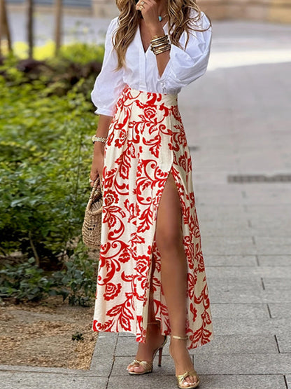 Printed Slit Skirt Red