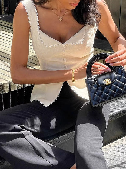 Lace-Combo Button-Front Tank Top