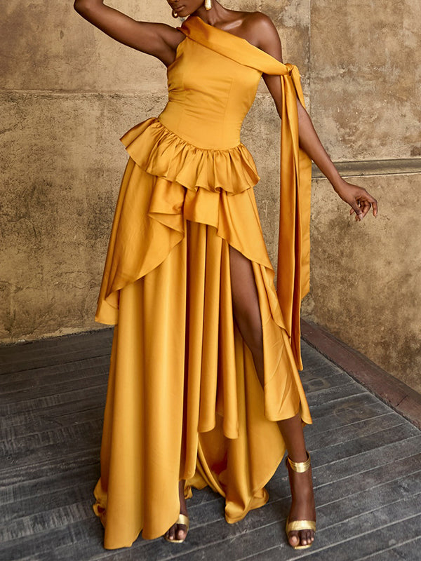 Boat-Neck Ruffle Slit Dress Orange