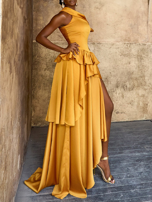 Boat-Neck Ruffle Slit Dress